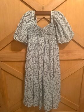 Puff Sleeve Smocked Midi Dress - Light blue Floral